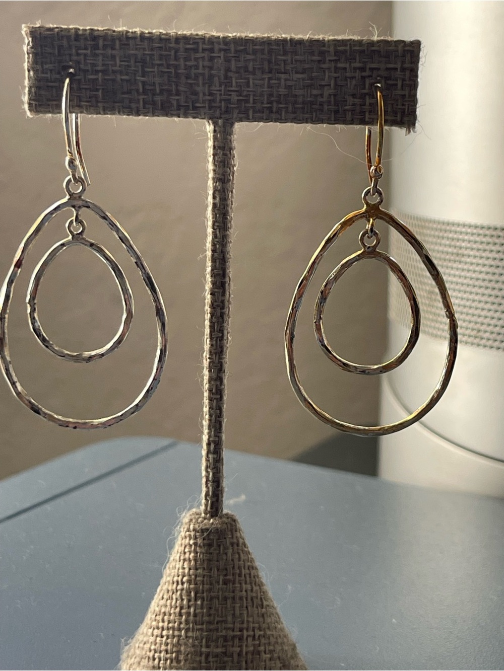 Hammered Double Teardrop Hoop Earrings sterling, silver.